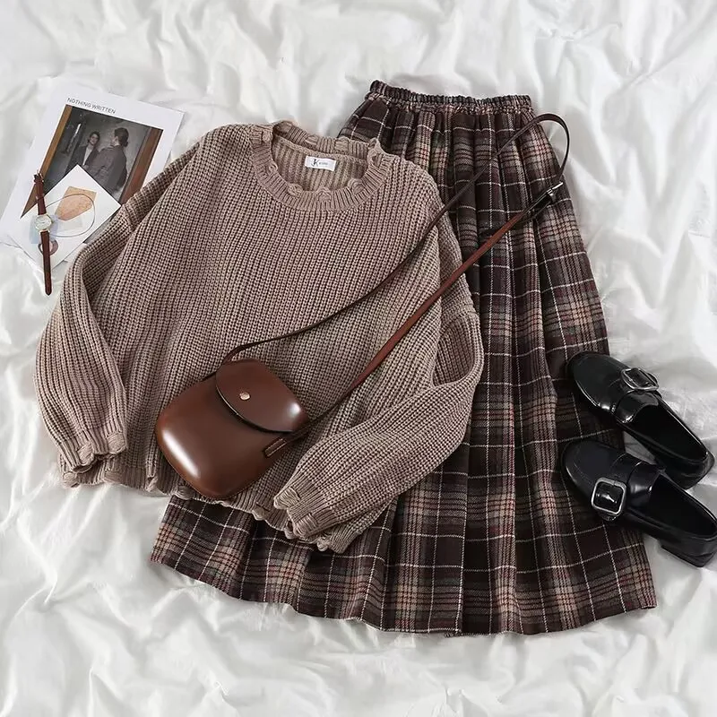 Preppy Vintage Sweater Two-piece Set Women\'s Loose Knit Pullover Autumn High Waist Coffee Plaid Skirt Gentle Girly Suit