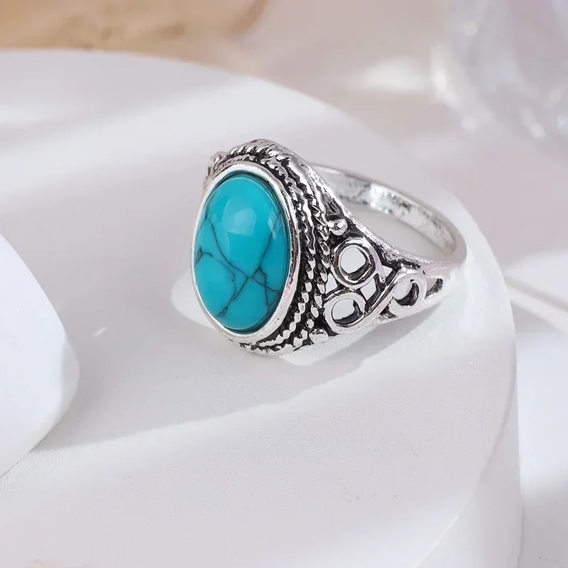 Fashion Retro Elegant Ring Natural Turquoise Ring Wedding Engagement Birthday Party Anniversary Commemorative Gift Retro Elegant