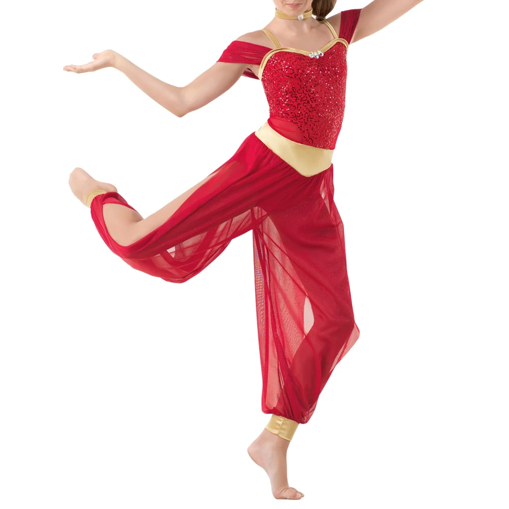 

MiDee Classical Dance Dress for Girl Women Indian Jumpsuit Sequin Mactcing Split Mesh Pants Contemporary Stage Dance Costumes