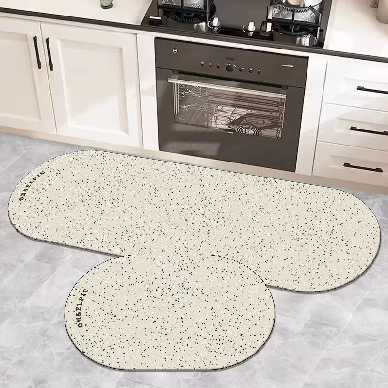 VIKAMA Modern Minimalist Ivory Black Speckle Terrazzo Oval Kitchen Mat Set Two Piece Non Slip Home Decor Unique Gift Soft Cozy
