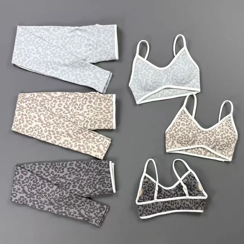 Women Sports Leopard Print Yoga Set Women Seamless Tummy Control Contrastline Leggings Suit Gym Running Workout Fitness Sets