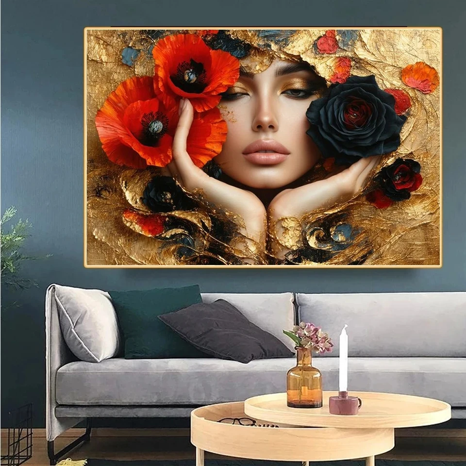 

Abstract Golden Woman And Flowers Diamond Painting New Cross Stitch DIY 5D Embroidery Diamond Mosaic Art Home Decoration
