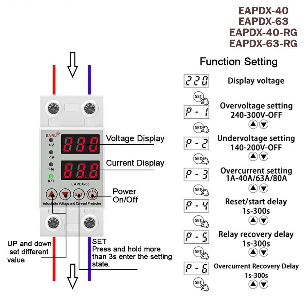 AC 40A 63A 230V Din Rail Adjustable Over Voltage Under Voltage Protective Device Protector Relay Over Current Protection Limit