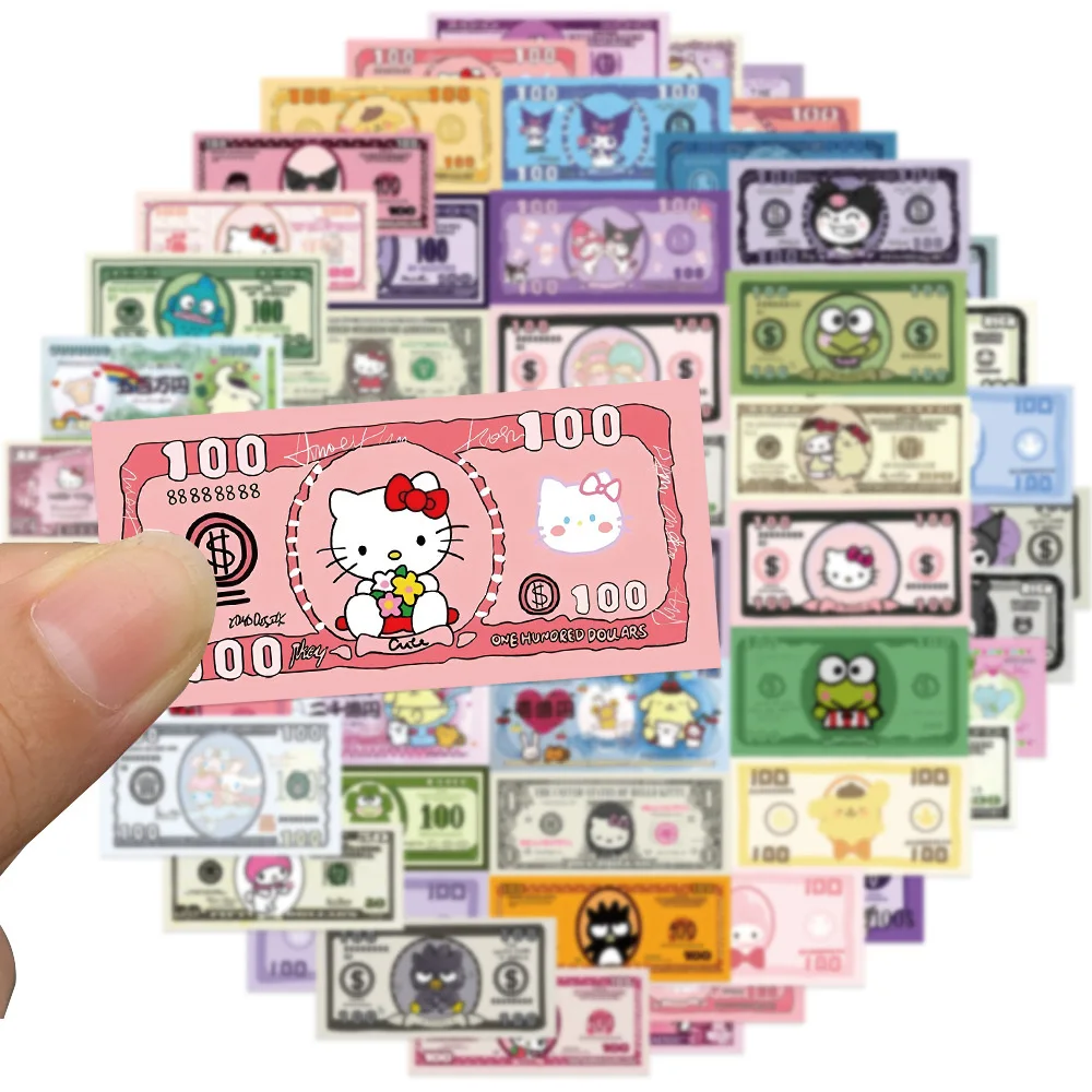 10/30/50pcs Cute Sanrio Cartoon Decoration Stickers Kawaii Money Style Kuromi Hello Kitty Cinnamoroll Anime Sticker for Kids Toy