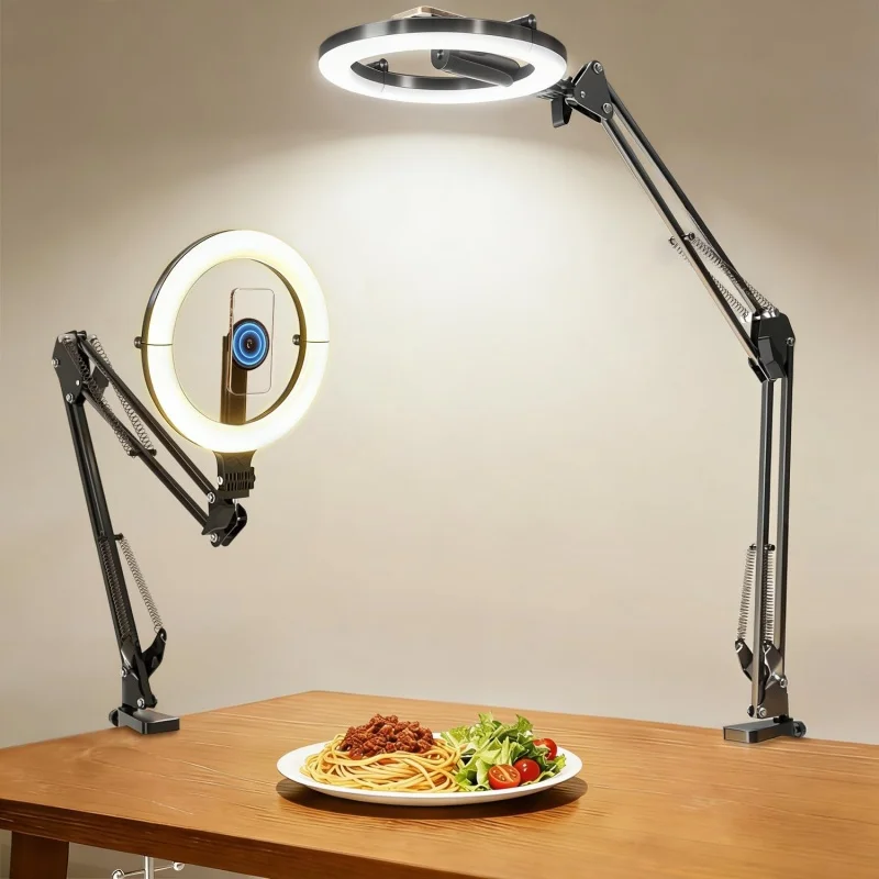 Magnetic Overhead Phone Mount with 10” Ring Light, 5000mAh Flexible Articulating Circle Lamp Table Tripod, Phone Stand for Video Recording Cooking Nail, Zoom Meeting