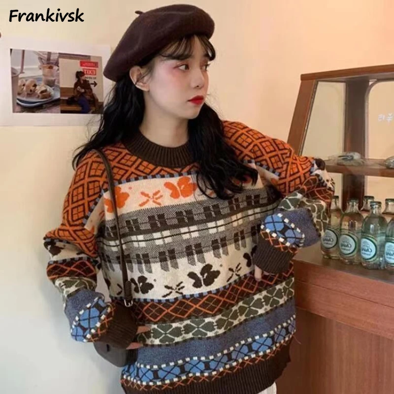 

Vintage Sweaters Women Jacquard Chinese Ethnic Style Slouchy Long Sleeve All-match Fashion Baggy Casual Hipster Knitting Autumn