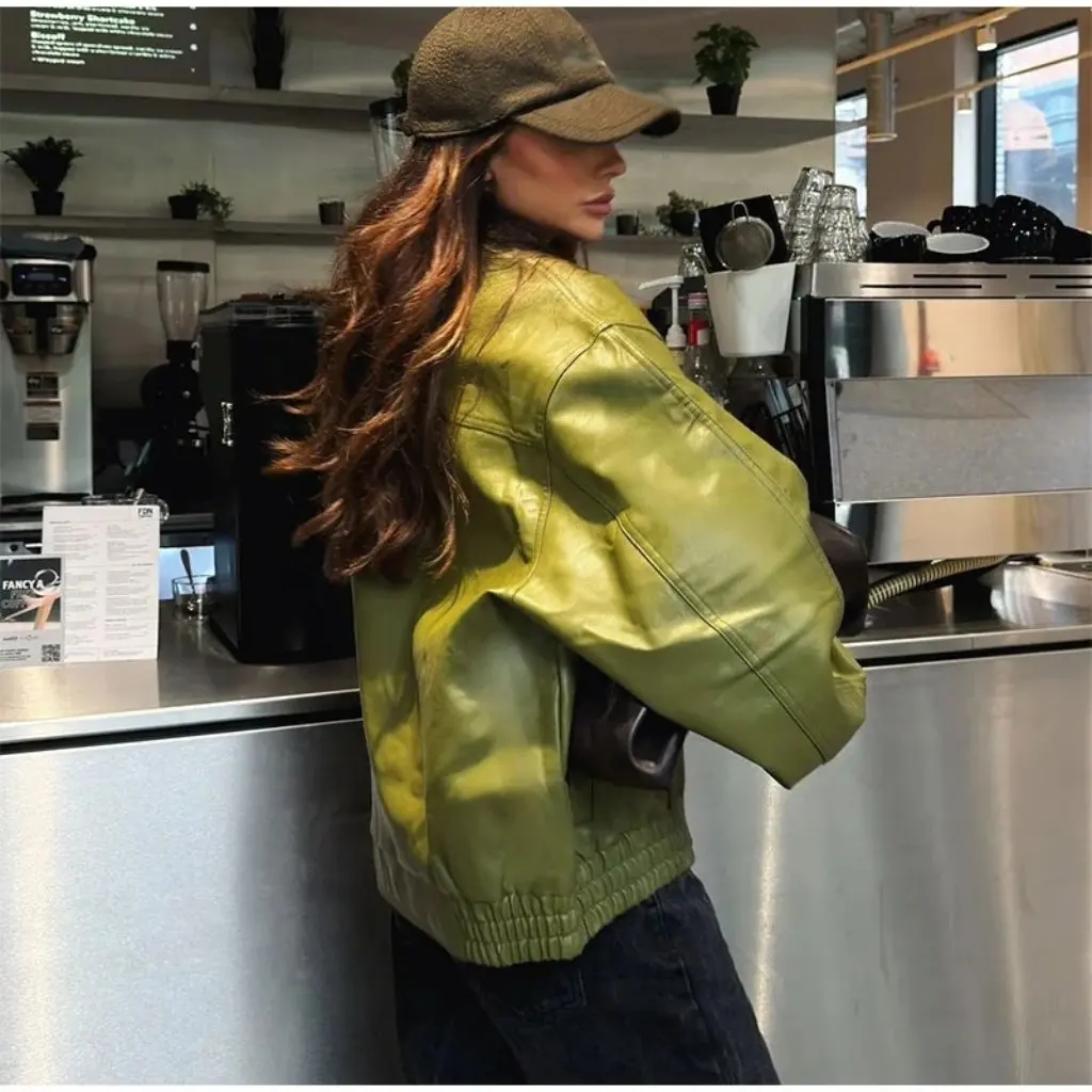

Women's Green Leather Jacket Retro Street Style Lapel Autumn Winter Outerwear European American Fashion