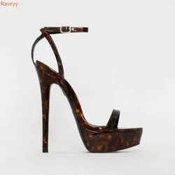 Tortoiseshell Print Platform Stiletto Heels Sandals One Word Belt Pointed Toe Ankle Strap Gladiator Shoes Women Platform Sandals