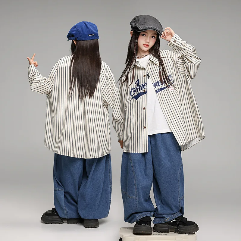 Vêtements K-pop pour garçons et filles, olympiques de danse jazz, chemise à rayures streetwear, ensemble de pantalons en émail blanc, tenues de spectacle de piste hip-hop, vêtements cool