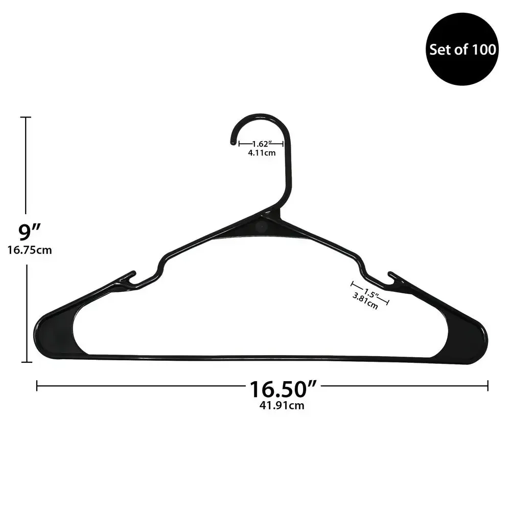 100-Pack Plastic Hangers Black Notched Adult Closet Organization Storage Solution Sweaters Shirts Coats Strong Durable Easy