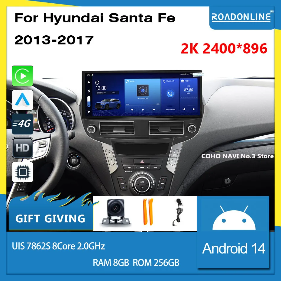 

For Hyundai Santa Fe 2013-2017 IX45 2400*896 Resolution UIS 7862S Octa-core 8+256gb Car Navigation CarPlay Car Radio Multimedia