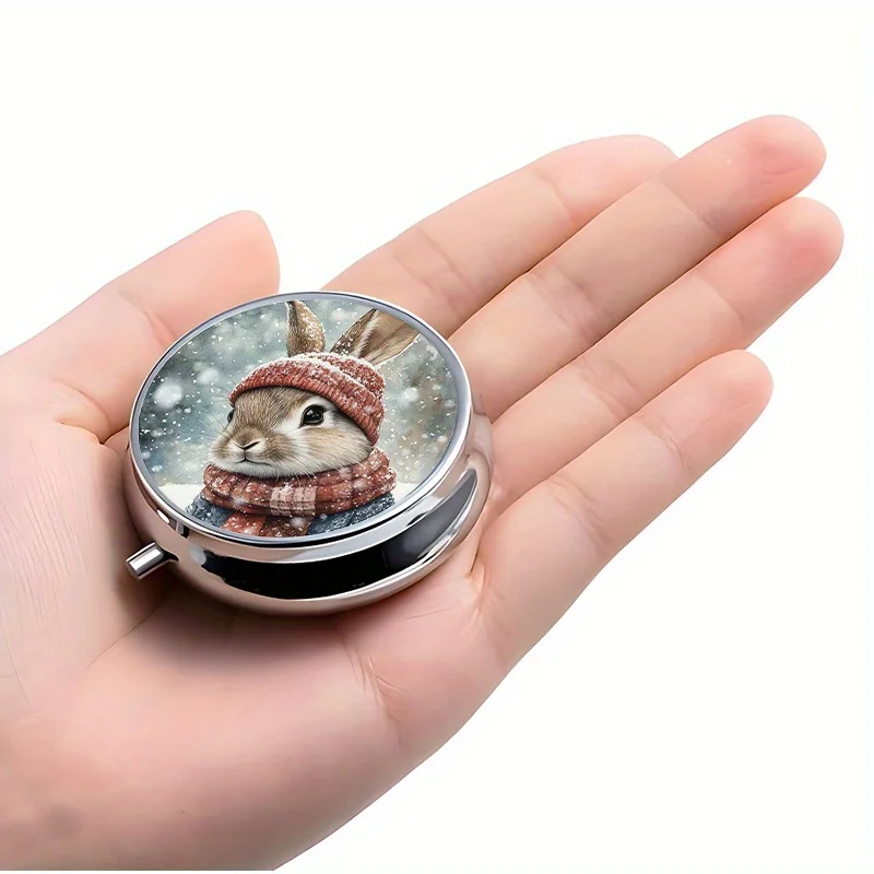 1 Mini Pill Box with 3 Compartments, Winter Wonderland Rabbit Design, Mini Pill Container, Pill Organizer, Unique Travel Gift