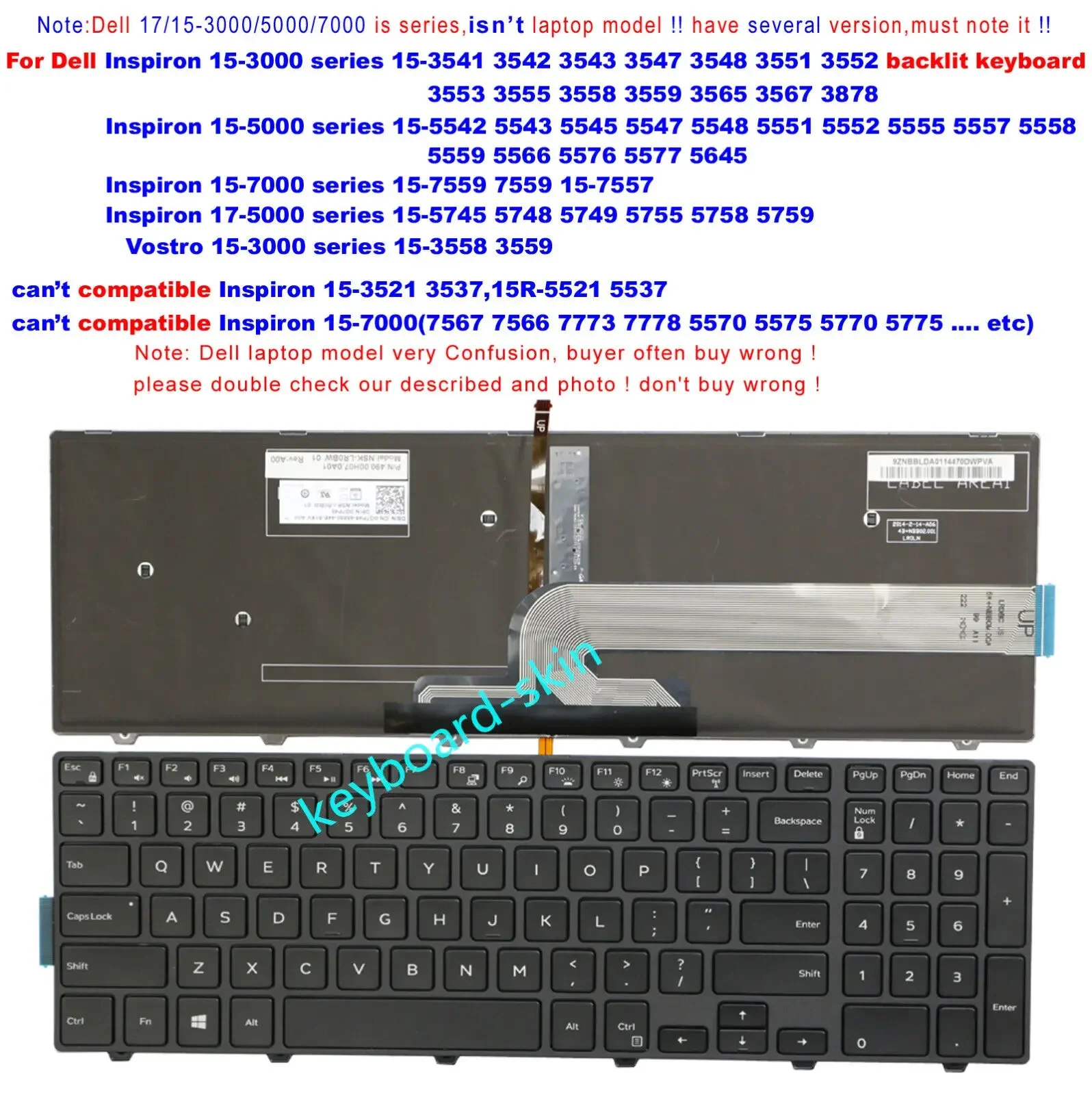 US Backlit Keyboard for Dell Inspiron 7557 7559 5745 5748 5749 5755 5758 5759 5558 5559 5566 5576 5577 5645 Vostro 3558 3559