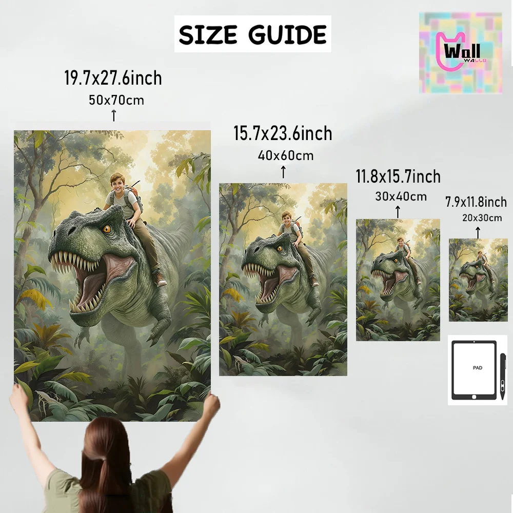 Custom Boy Riding T‑Rex Dinosaur Portrait, Upload Your Photo Personalized Jungle Canvas Poster, Unframed Wall Art Gift for Kids