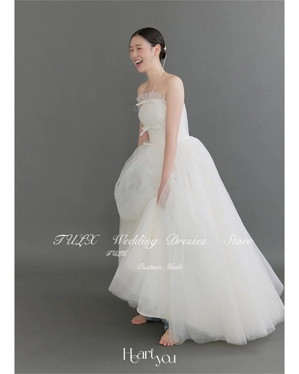 TULX Elegante abito da sposa coreano in tulle a trapezio Servizio fotografico Abito da sposa con fiocco senza spalline Corsetto lungo fino al pavimento nne Dende Personalizzato