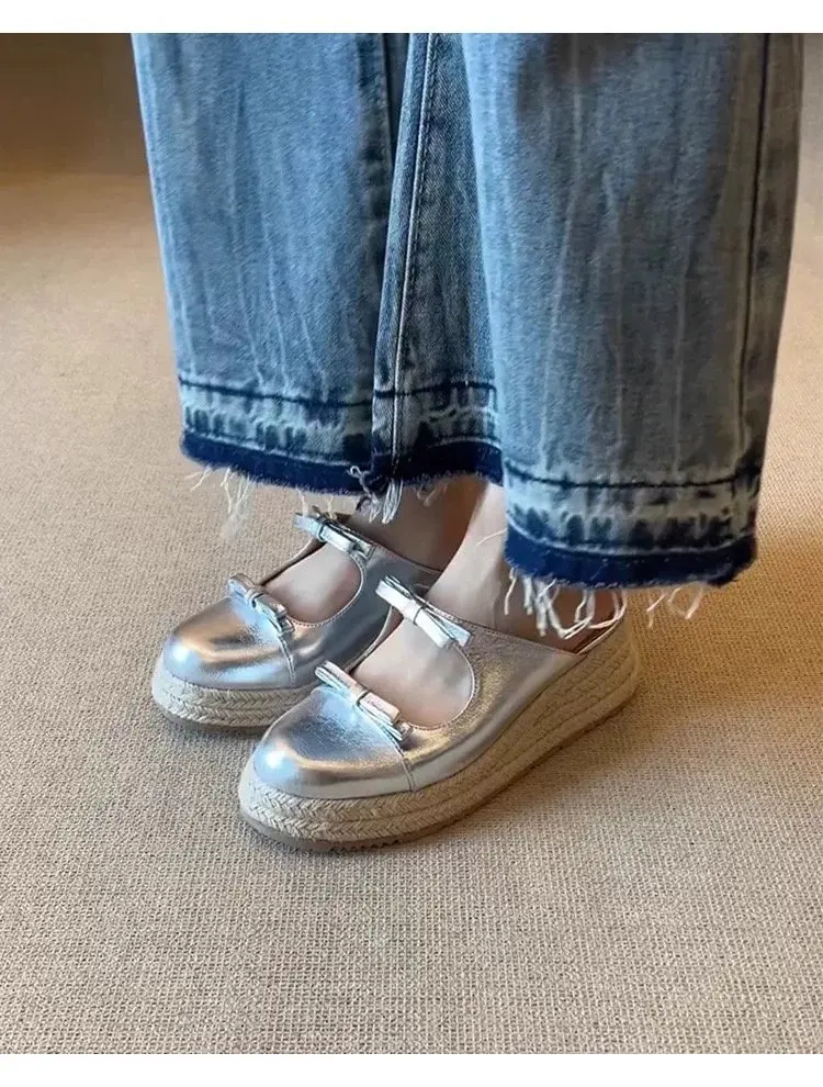 Damen Schleifen-Sandalen mit geschlossener Zehenpartie, Plateau-Espadrille-Keilabsatz, Slipper für den Sommer – Detail 13