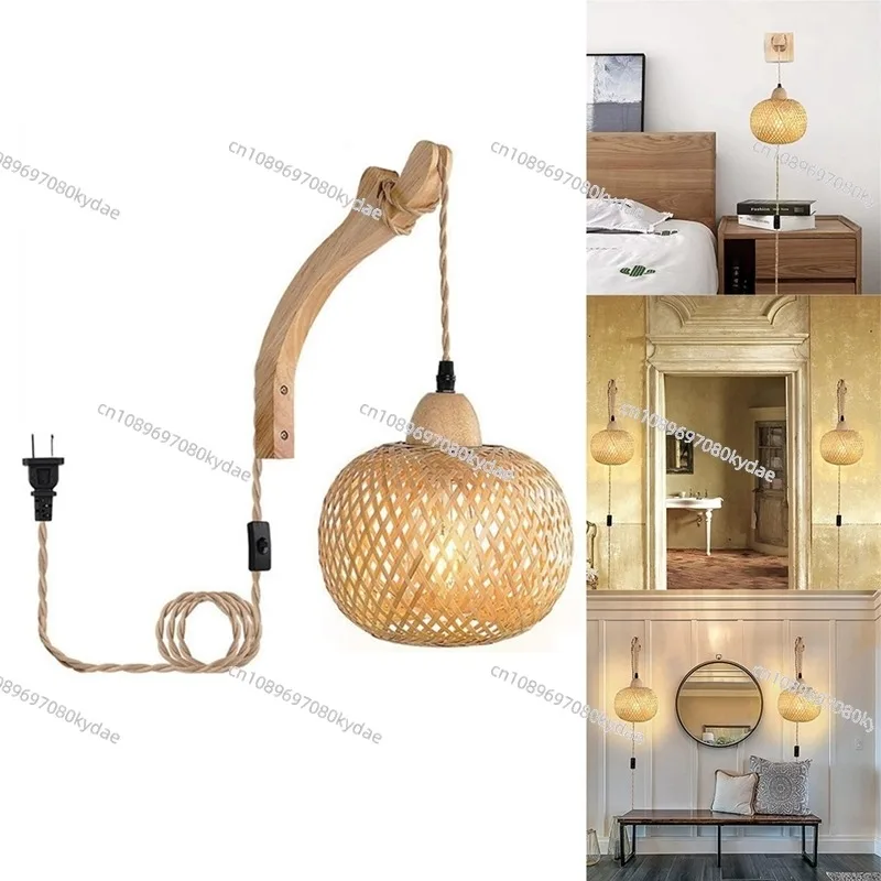 Retro Japanese Style Bamboo Bedside Wall Lamp Restaurant Rattan Lampmine Bedroom Background Wall Lamps US Plug