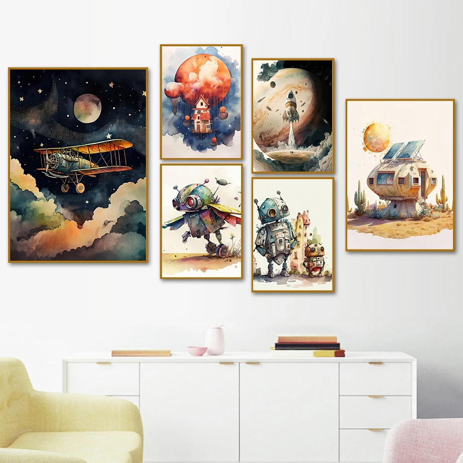 Spaceship Balloon House Robot Aeroplane Coloured Drawing Fashion Wall Art Canvas Painting Nordic Poster Children's Room Decor