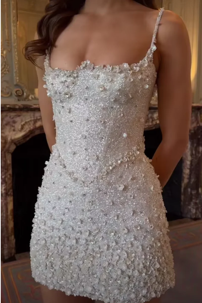 Luxury Evening Dress Spaghetti Strap Above-Knee Length Crystal Beading Court Gown Party Dresses Vestido De Noite Customizd