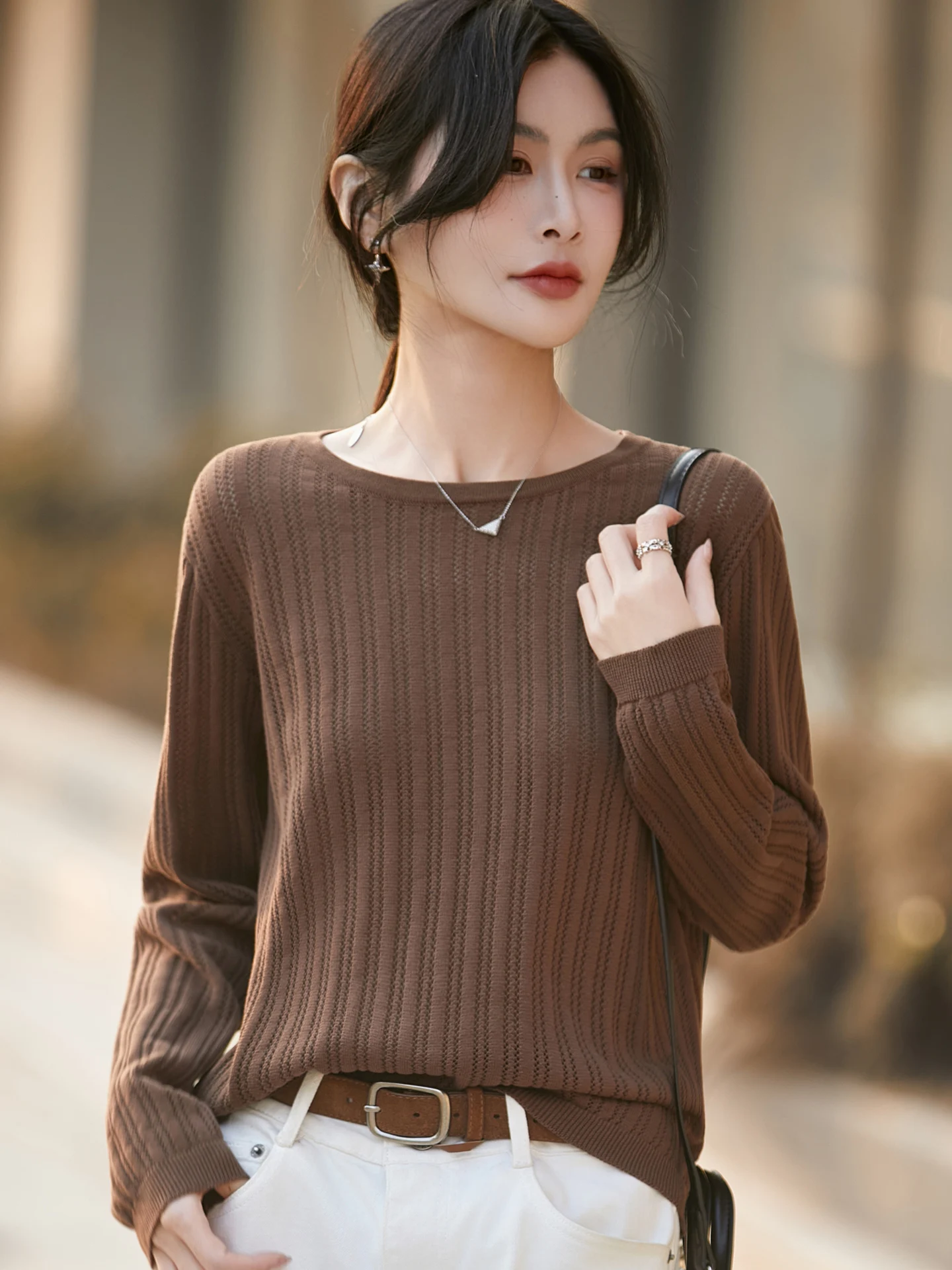100% Pure Cotton Knitted Long Sleeve round Neck Stripe T-Shirt Women's Spring Autumn Hollow out Base Shirt Thin Non-Ball