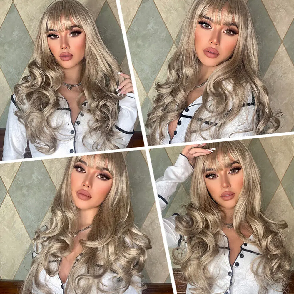 Bleach blonde Halloween No Lace Wig With Bangs Synthetic Hair Long Wavy