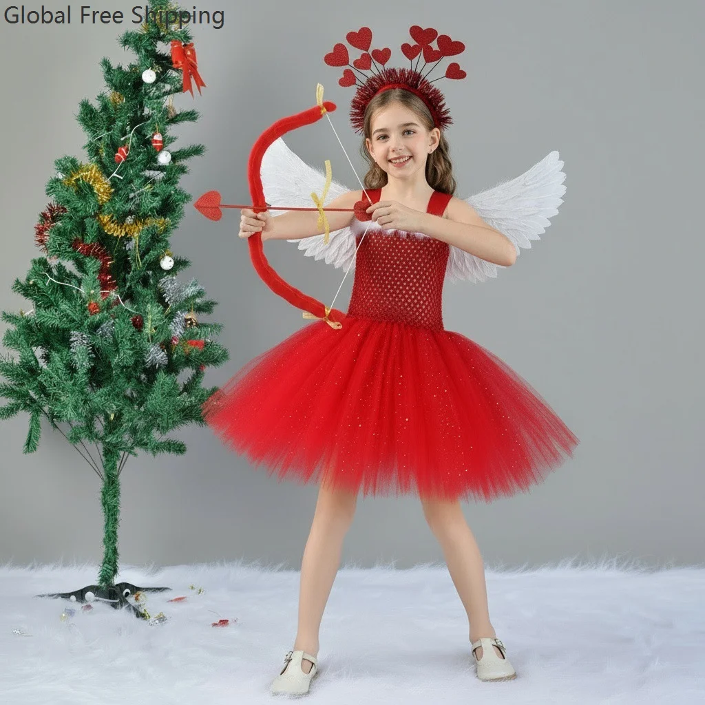 

Cute Girl Valentine's Day Dress Cosplay Cupid Love Goddess Children Sequined Princess Gown Festive Stage Performance Puffy Skirt