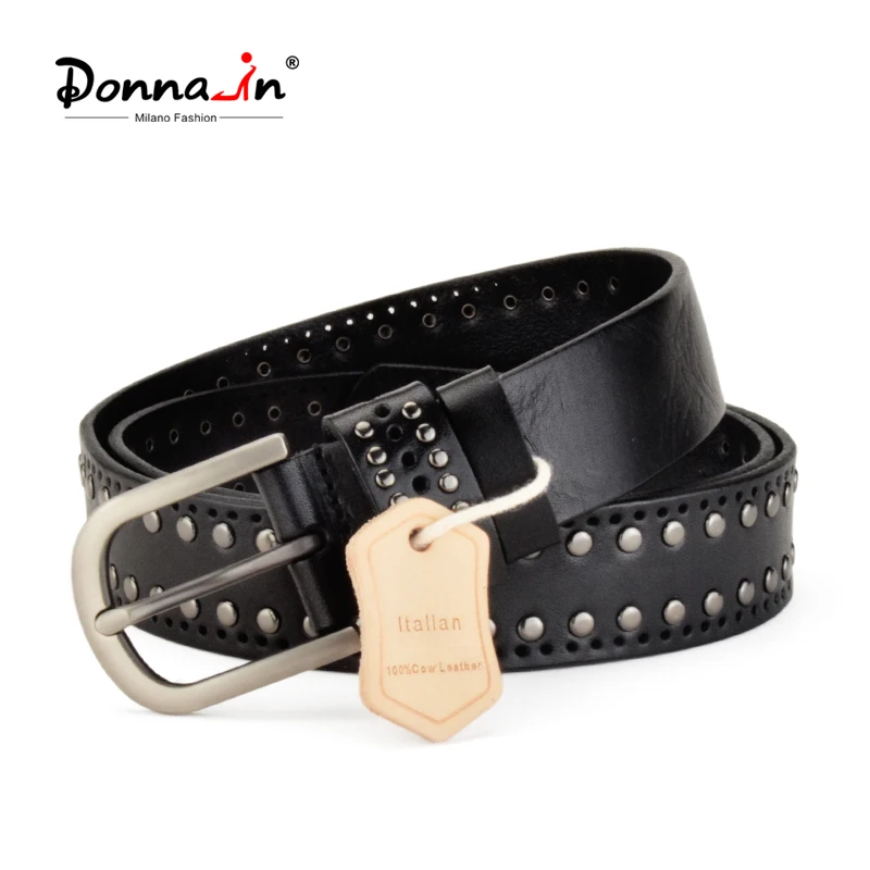 

Donna-in Women's Leather Belt Accessories Fashion Rivets Vintage Hollowed-out Punk Style Pin Buckle All Accessorized Jeans