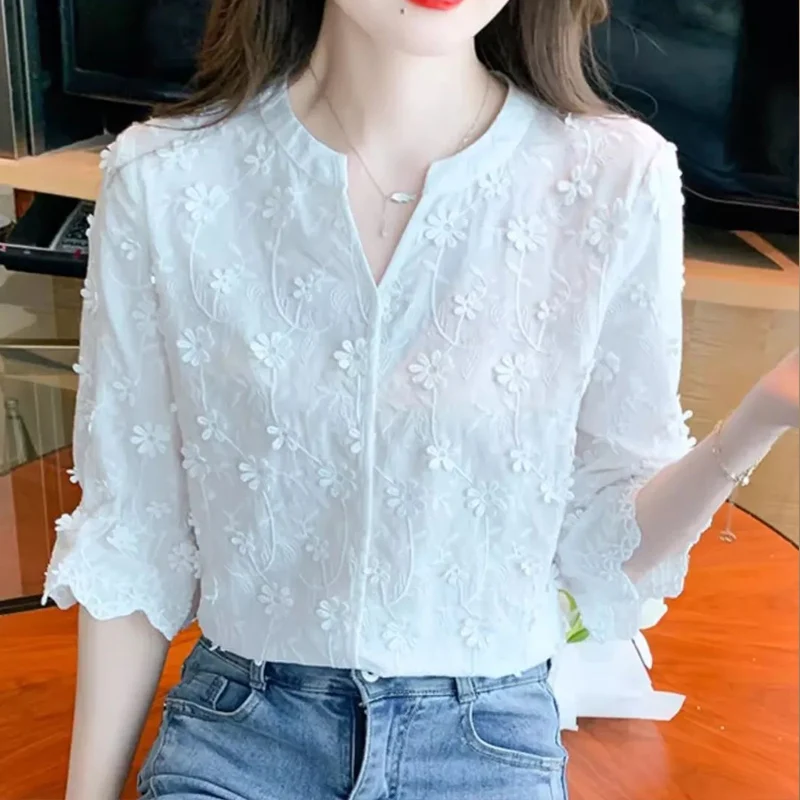 Summer New Solid Color Blouse Women V-neck Fashion Half Sleeve Pullovers Elegant All-match Three-dimensional Decoration Tops
