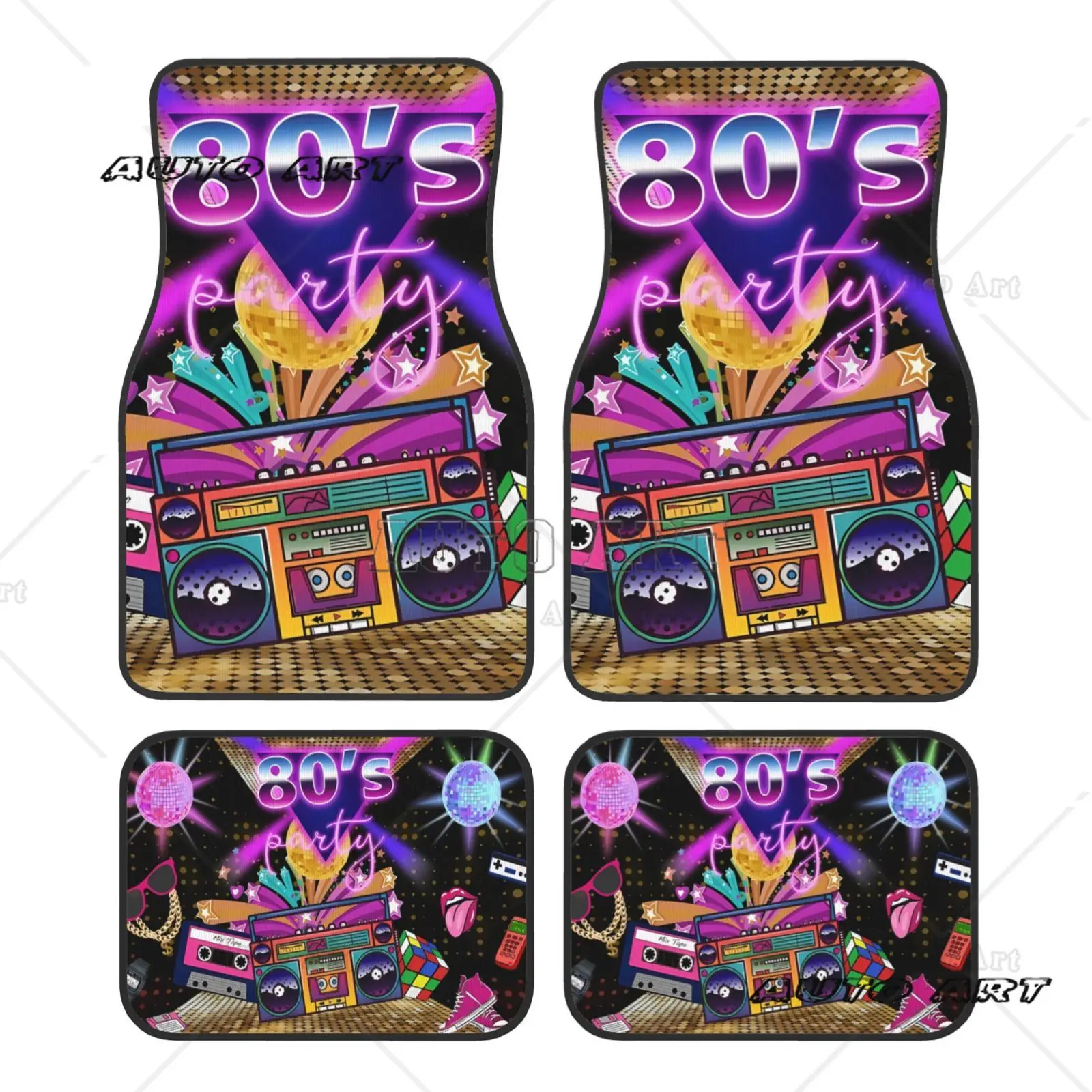 

Retro 80s 90s Series Print Car Floor Mats Set 4 Pcs Front and Rear Foot Mats Carpet Universal Car Accessories for SUV Van Sedan