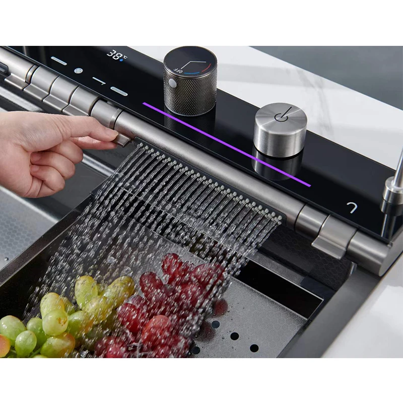 304 Kitchen Sinks Double Vessel Kitchen Sink With Digital Display Piano Button Waterfall Wash Sink Stainless Faucet