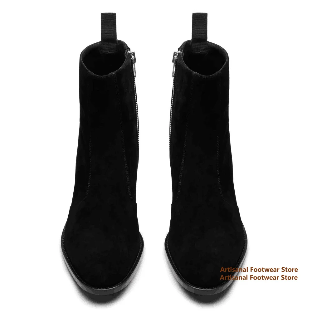 Black Suede Chelsea Boots Designer High-Top Height Increasing Men's Boots Solid Color Side Zipper Handmade Stylish Men Boots