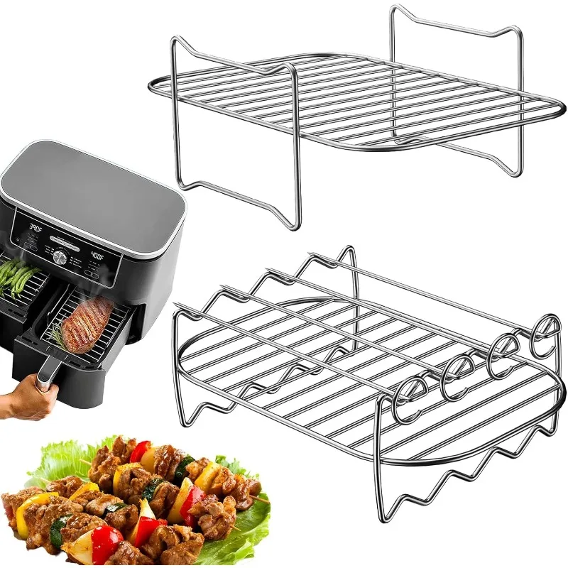 304 Stainless Steel Air Fryer Grill Rack Vertical Skewer Stand Dehydrator BBQ Rack and Toast Bread Holder for Air Fryer Cooking