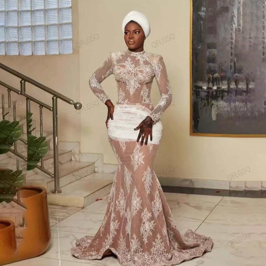 

Luxury Long Prom Dress with Sleeves Pleated African Lace Prom Gowns Mermaid Transparent Aso Ebi Evening Dresses Beading Trumpet