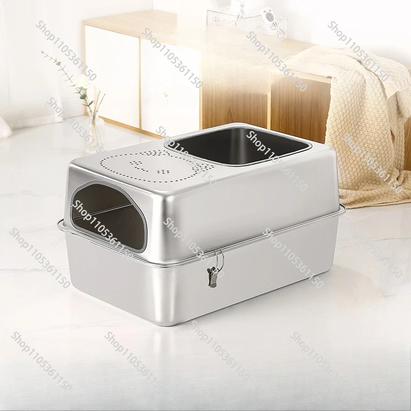 Extra large stainless steel cat litter box High fence anti splash semi enclosed cat toilet Pet Supplies