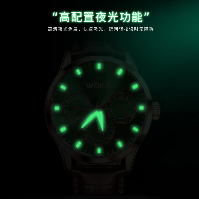 WOKAI high quality fashion waterproof quartz band waterproof Wrist watch Business Green Three Eyes Student Clock retro