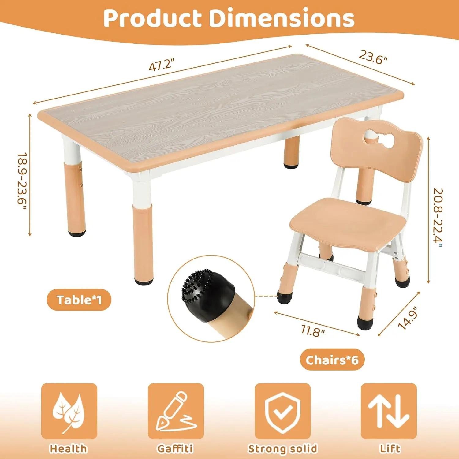 Kids Table and 6 Chairs Set, Height Adjustable Graffiti Table, Preschool Activity Art Craft Table, for Daycare Classroom Home Bo