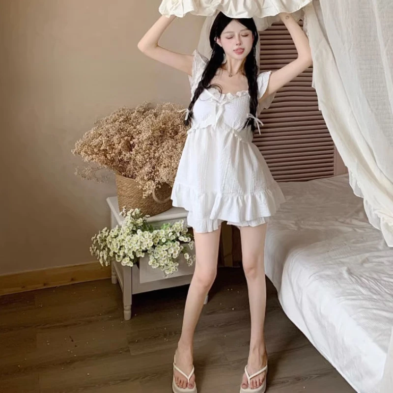 Sweet Pajamas for Women Summer Home Ruffles Design Tender Students Lounge Sleepwear Korean Fashion Clothes All-match Dormitory