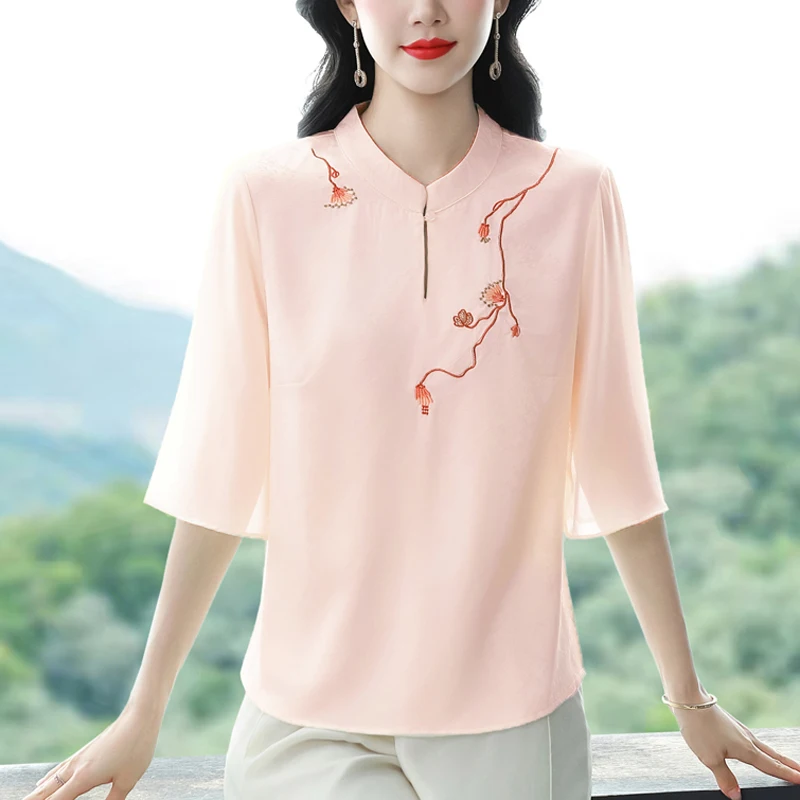 

Chinese Style Women's Blouses Embroidery Vintage Shirts Fashion Loose Summer Clothing Short Sleeved Chiffon Women Tops