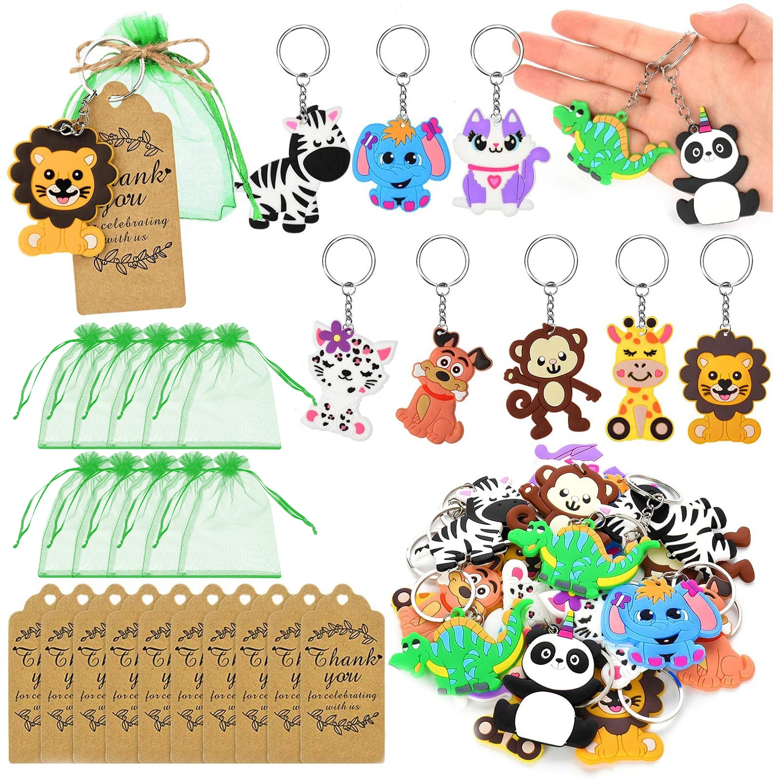 Jungle Safari Animals Keychains Cute Animal Keychains with Tags Bags for Baby Shower Return Gift Birthday Party Supplies