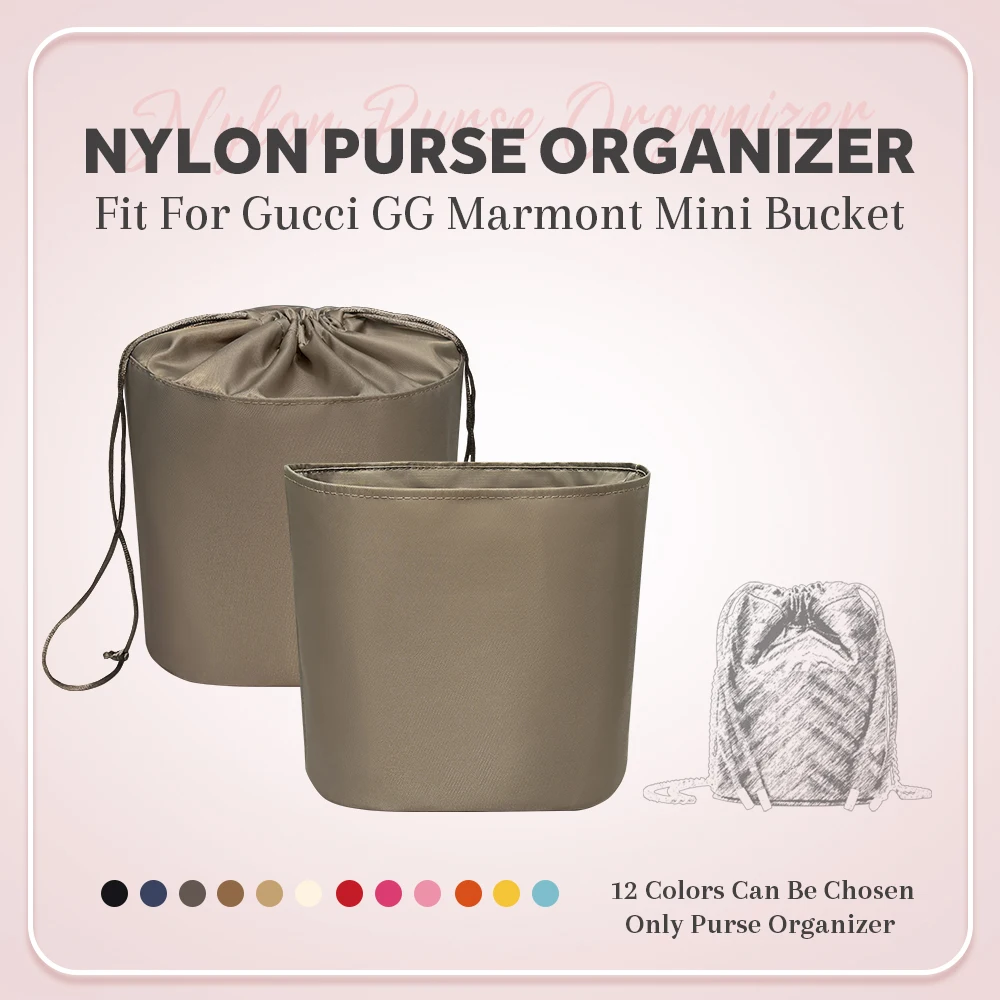 Nylon Purse Organizer Insert, Drawstring Inside Storage Bag Fit for Gucci GG Marmont Mini Bucket Bag Cosmetics Inner Liner Bag