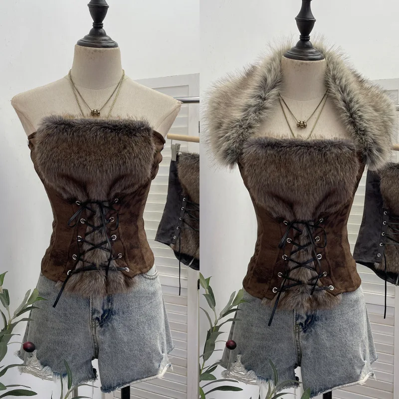 Y2k American Hottie Hairy Cross Strap Tight Tube Top Short Y2k Top Removable Fur Collar