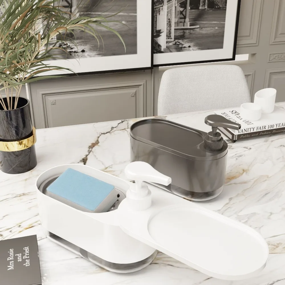 

New Large Capacity Dual Soap Dispenser with Sponge Holder Manual Press Dish Soap Dispenser Detergent Dispenser Bathroom