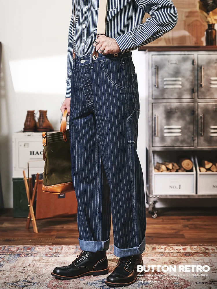 

Американская рабочая одежда в полоску в стиле ретро, джинсы, мужские свободные прямые брюки, модные городские повседневные хлопковые джинсовые мотоциклетные брюки с поясом