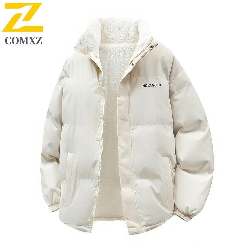 COMXZ 2025 Autumn Winter Sherpa Stand Collar Cotton Jacket Waterproof Windproof Solid Color Warm Unisex Loose Fit Fashion Coat