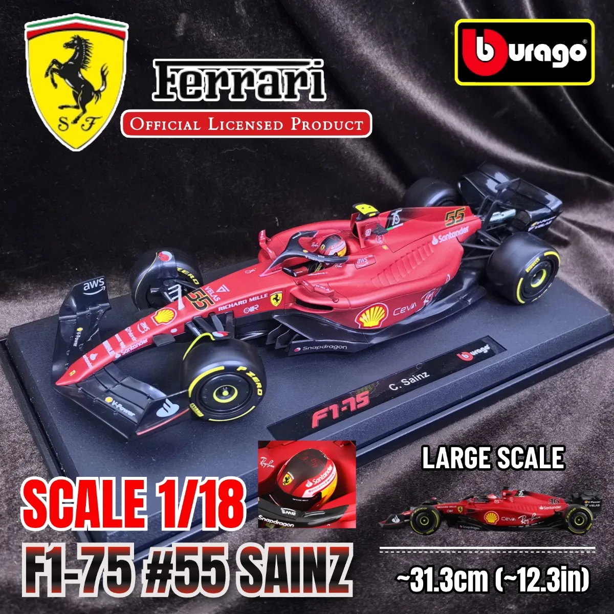 ببوراجو 1:18 سكوديريا فيراري F1-75 # 55 نموذج سيارة Sainz F1، تركيبة المقياس 1 لعبة هدية عيد الميلاد المصغرة للأطفال #1