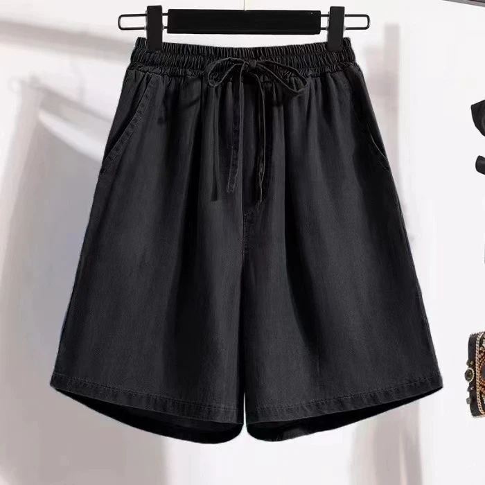 Women Black Short Jeans Pant 2024 Summer Drawstring Bandage Elastic Waist Loose Straight Blue Casual Streetwear Denim Shorts New