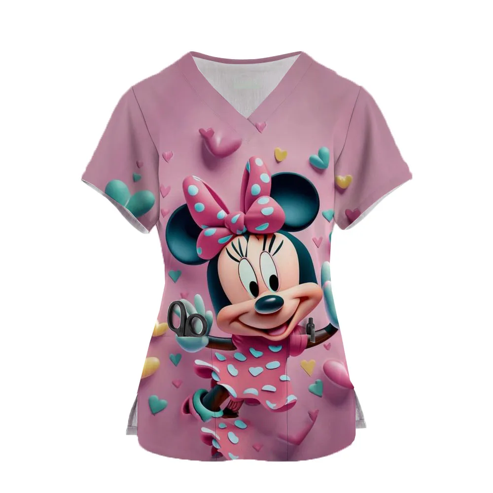 Hospital Working Uniforms Medcine Minnie Mickey Mouse Print Nursing v-neck Blouse Dental Clinic Uniform Medical Nurse Scrub Tops image 2