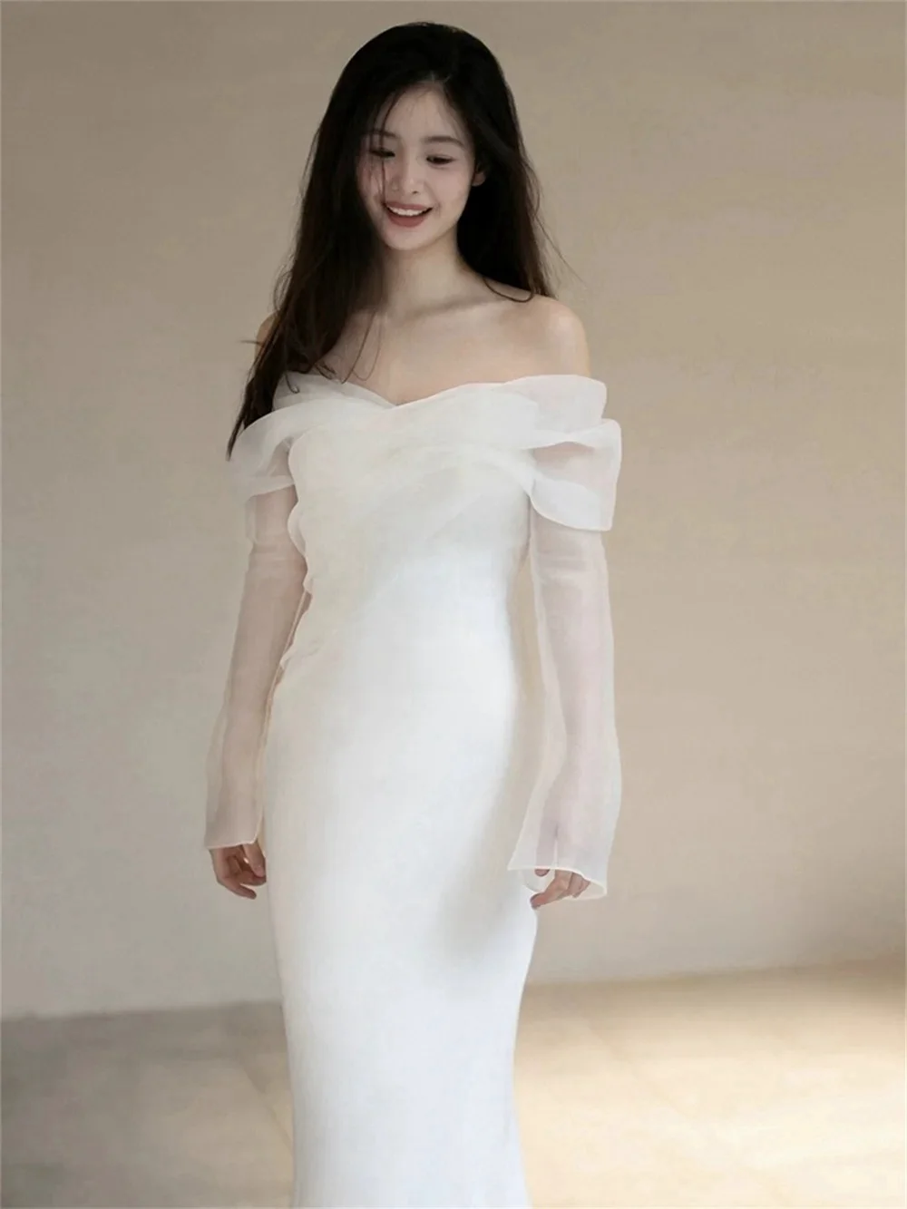 Bowith Off Shoulder Korea Mermaid Wedding Dresses Long Flare Sleeve Bridal Gown Photos Shoot Backless Pleat Customized Bride Dre