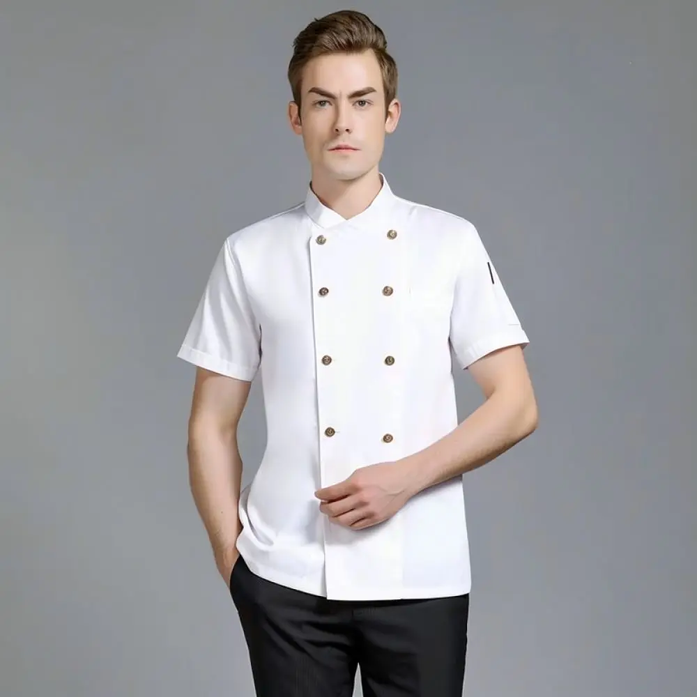 Mens Chef Uniform Breathable Cotton Kitchen Cooking Apparel Elastic Summer Restaurant Catering Waiter Work Jacket Shirt