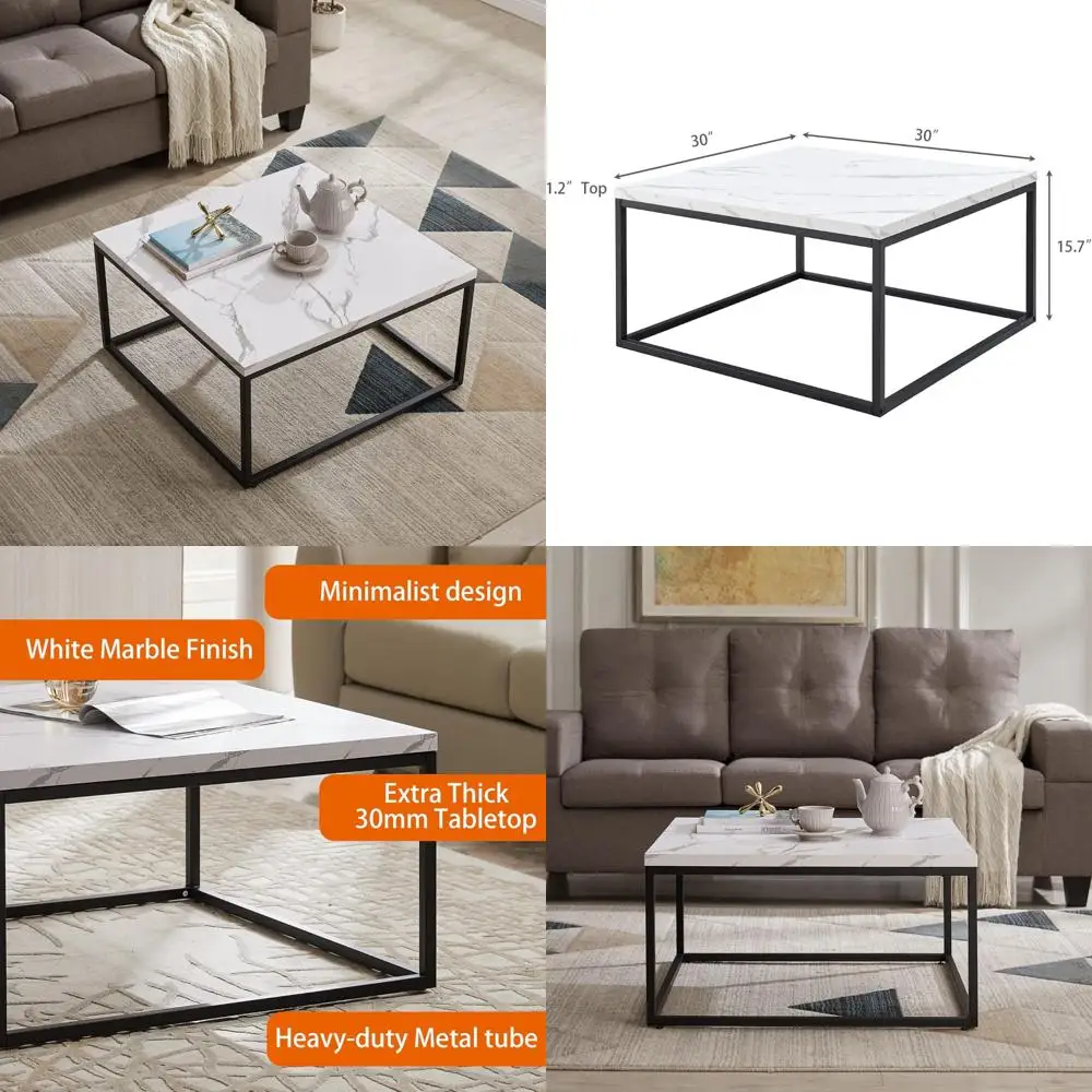 Nowoczesny industrialny stolik kawowy z marmurowym akcentem, rozmiar 30x30, gruba biała marmurowa blacha do salonu